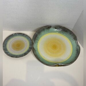 Vtg Karlsruher Mayolika Spritzdekor Vibrant Art Deco Ceramic Dish and Plate